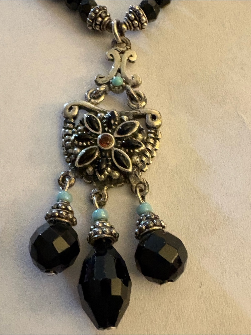 Bohemian Black Bead Drop Pendant Necklace with Turquoise Accents